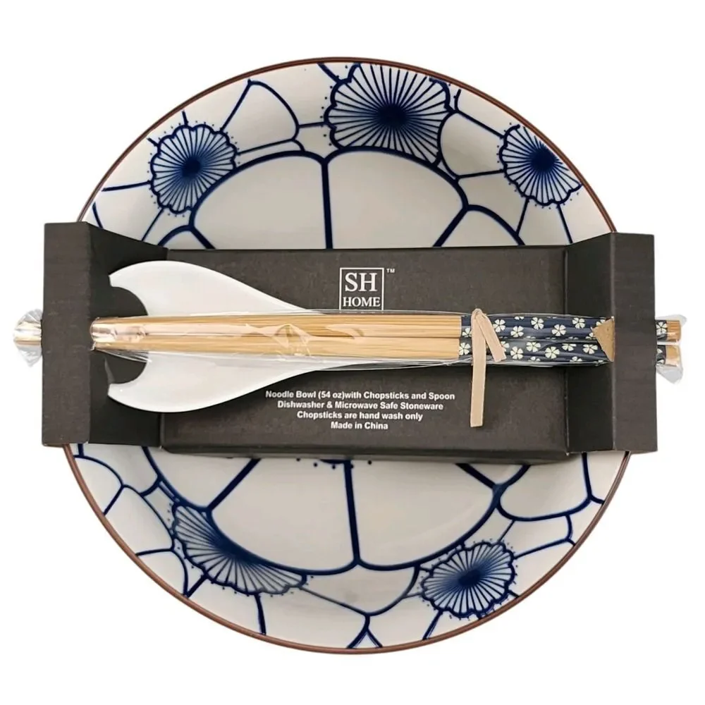 SH Home Blue Lotus Ceramic Ramen Noodle Bowl 54oz With Chopsticks And Spoon‎ 4pc